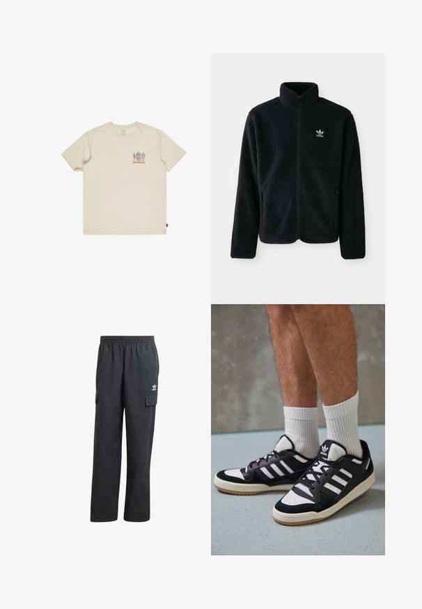 Chupa de forro polar negro con cuello alto, cierre frontal y bolsillos delanteros. Presenta tela texturizada y un pequeño logo blanco en el lado izquierdo del pecho.; Camiseta de algodón beige con un pequeño gráfico multicolor en el pecho. Cuello redondo y mangas cortas. Corte relajado con etiqueta lateral.; Pantalones cargo negros con una cinturilla elástica, dos bolsillos laterales y un logo sutil en el muslo izquierdo. Fabricados con una tela ligera.; Zapatillas en blanco y negro con parte superior de ante y cuero, que presentan tres franjas blancas, una puntera perforada y una suela de goma.