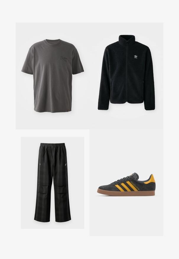 Černá fleecová bunda s vysokým límcem, předním zipem a předními kapsami. Disponuje strukturovanou tkaninou a malým bílým logem na levé hrudi.; Šedé tričko s krátkým rukávem vyrobené z bavlny, má kulatý výstřih, decentní logo na hrudi a uvolněný střih s hladkou texturou.; Černé kostkované kalhoty s elastickým pasem, dvěma předními kapsami a volným střihem se rovnými nohavicemi. Vyrobeny z lehkého materiálu.; Černé semišové tenisky se žlutými akcenty, vybavené třemi pruhy a hnědou gumovou podrážkou. Obsahují polstrovaný jazyk pro pohodlí.