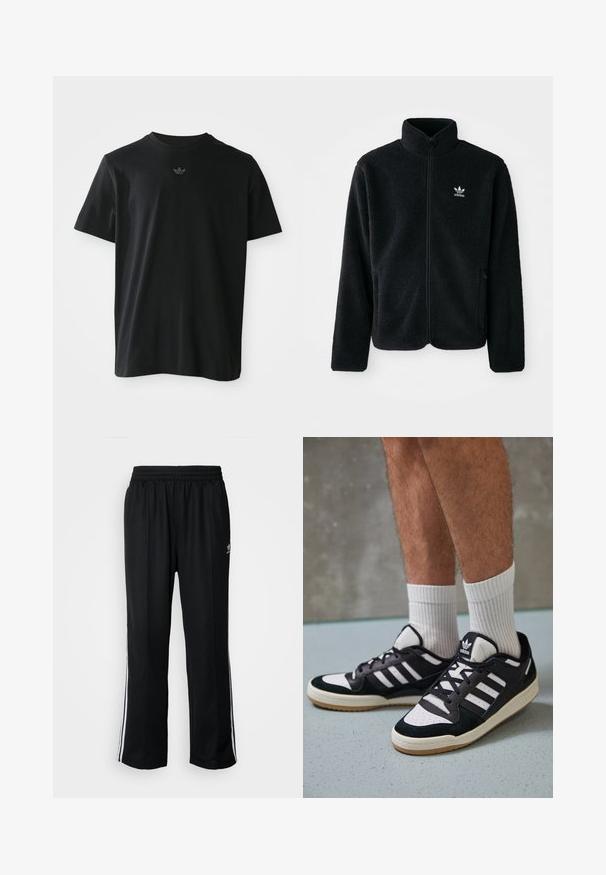 Černá fleecová bunda s vysokým límcem, předním zipem a předními kapsami. Disponuje strukturovanou tkaninou a malým bílým logem na levé hrudi.; Černé tričko s krátkým rukávem s malým, centrovaným logem Adidas trefoil na hrudi, umístěné na čistém bílém pozadí.; Černé sportovní kalhoty s elastickým pasem, s bílými bočními pruhy a malým logem. Materiál vypadá měkce a lehce.; Černobílé tenisky s vrchní částí z semišové a kožené kůže, včetně tří bílých pruhů, perforovaného špičky a podrážky z gumy.