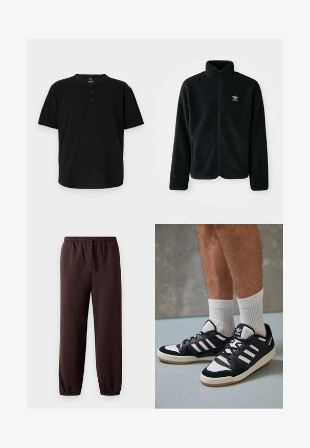 Črna flis jakna z visokim ovratnikom, z zadrgo spredaj in sprednjimi žepi. Ima strukturno blago in majhno belo logo na levi strani prsnega koša.; Črna kratka majica s kratkimi rokavi, okrogel ovratnik, tri gumbe in sproščen kroj. Narejena iz mehke, teksturirane tkanine.; Rjuhne hlače v rjavi barvi z vrvico v pasu, elastičnimi manšeti in gladkim bombažnim materialom. Imajo sproščen kroj in minimalistični dizajn.; Črno-bele superge z zgornjim delom iz usnja in nubuka, ki imajo tri bele črte, perforiran vrh prstov in podplat iz gume.