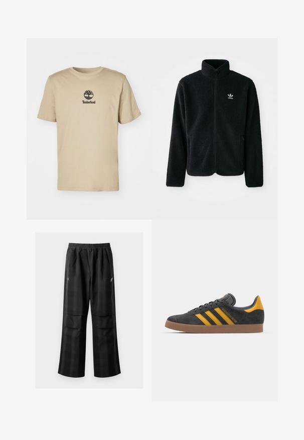 Svart fleecejakke med høy krage, glidelås foran og frontlommer. Har strukturert stoff og liten hvit logo på venstre bryst.; Beige bomulls t-skjorte med korte ermer og rund hals, med svart Timberland-logo sentrert på brystet. Myk tekstur, avslappet design.; Svarte rutete bukser med elastisk midje, to frontlommer og løs passform med rett ben-design. Laget av lett materiale.; Sort skinnesko i svart semsket skinn med gule detaljer, med tre striper og en brun gummisåle. Inkluderer en polstret tunge for komfort.