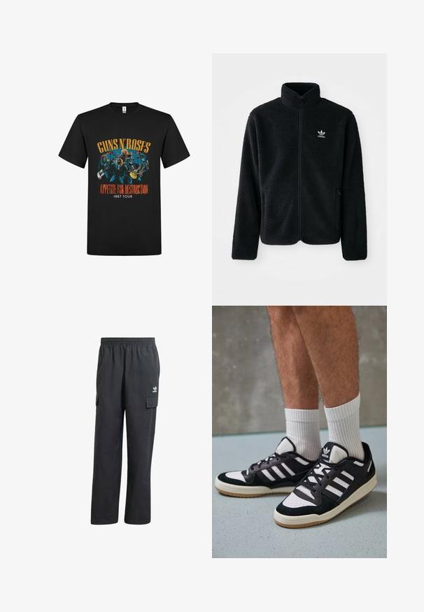 Černá fleecová bunda s vysokým límcem, předním zipem a předními kapsami. Disponuje strukturovanou tkaninou a malým bílým logem na levé hrudi.; Černé bavlněné tričko s barevným potiskem členů kapely a textem "Guns N' Roses Appetite for Destruction 1987 Tour."; Černé cargo kalhoty s elastickým pasem, dvěma bočními kapsami a decentním logem na levém stehně. Vyrobeno z lehkého materiálu.; Černobílé tenisky s vrchní částí z semišové a kožené kůže, včetně tří bílých pruhů, perforovaného špičky a podrážky z gumy.