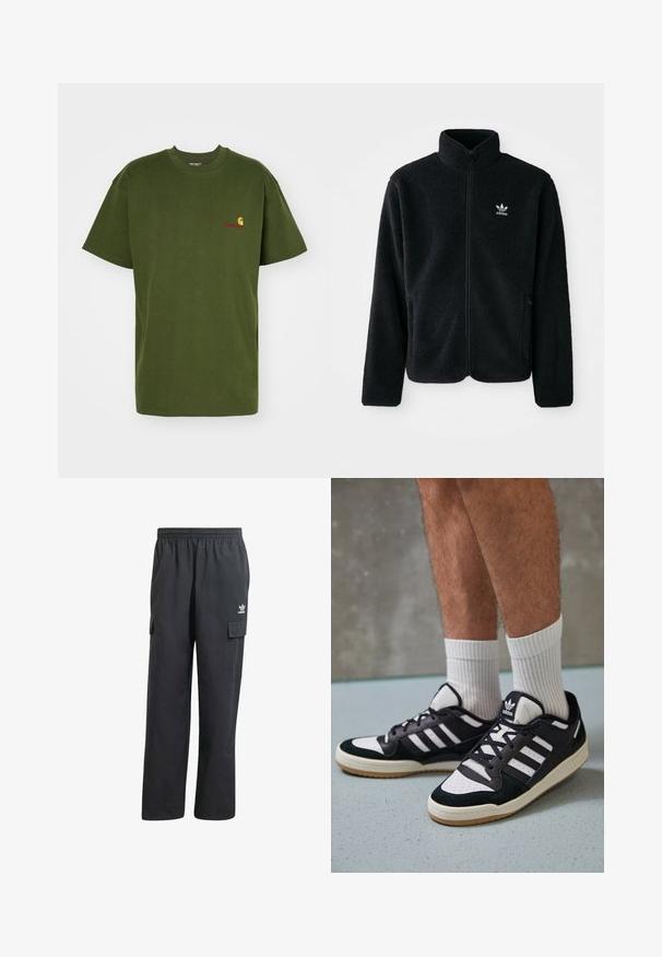 Casaco de fleece preto com gola alta, fecho de correr à frente e bolsos frontais. Apresenta um tecido texturizado e um pequeno logo branco no lado esquerdo do peito.; Carhartt WIP AMERICAN SCRIPT - T-shirt básica - tarragon; Calças cargo pretas com um cós elástico, dois bolsos laterais e um logótipo subtil na coxa esquerda. Feitas de um tecido leve.; Ténis em preto e branco com upper em camurça e couro, apresentando três riscas brancas, um toe perfurado e uma sola em borracha de goma.