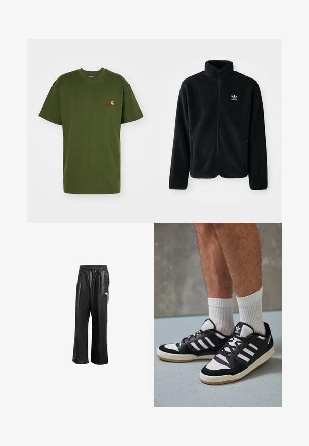 Giacca in pile nera con colletto alto, chiusura zip frontale e tasche anteriori. Presenta un tessuto testurizzato e un piccolo logo bianco sul lato sinistro del petto.; Carhartt WIP AMERICAN SCRIPT - T-shirt basic - tarragon; Pantaloni da corsa neri in materiale sintetico con vita elasticizzata, caratterizzati da strisce laterali bianche e un piccolo logo bianco sull'anca sinistra.; Sneaker bianco e nero con tomaia in suede e pelle, caratterizzati da tre strisce bianche, punta perforata e suola in gomma naturale.