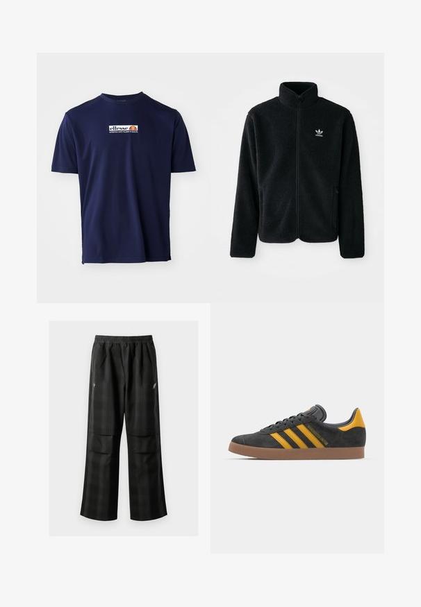 Juodas fliso džemperis su aukštu apykakle, užtrauktuku priekyje ir priekinėmis kišenėmis. Ypatybės: tekstūruota medžiaga ir mažas baltas logotipas kairėje krūtinės pusėje.; Ellesse CORBOBA TEE - Marškinėliai su spaudiniu - navy; Juodos languotos kelnės su elastingu juosmeniu, dviem priekinėmis kišenėmis ir laisvu tiesiu kirpimu. Pagamintos iš lengvos medžiagos.; Juodas zomšinės sportbačiai su geltonais akcentais, turintys tris juosteles ir rudą gumos padą. Apima paminkštintą liežuvėlį patogumui.