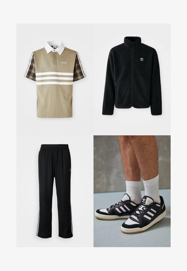 Jachetă din fleece neagră cu guler înalt, fermoar pe față și buzunare frontale. Caracteristici ale materialului texturat și un mic logo alb pe pieptul stâng.; Tricou polo de culoare verde măsliniu, cu dungi albe și un model în carouri pe mânecile scurte. Prezintă un guler alb și un logo pe piept.; Pantaloni atletici negri cu talie elastică, având dungi albe pe laterale și un mic logo. Materialul pare moale și ușor.; Adidași negri și albi cu un superior din suede și piele, prevăzuți cu trei dungi albe, un vârf perforat și o talpă din cauciuc caramel.