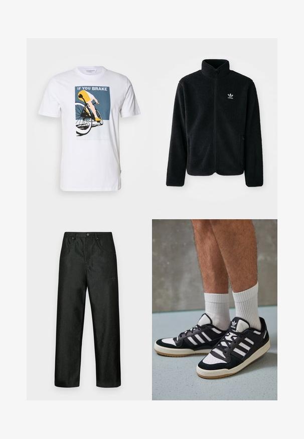 Casaco de fleece preto com gola alta, fecho de correr à frente e bolsos frontais. Apresenta um tecido texturizado e um pequeno logo branco no lado esquerdo do peito.; T-shirt de algodão branco com uma ilustração de uma bicicleta. O design inclui um ciclista em amarelo e azul com o texto: "SE PARARES, NÃO GANHAS."; Calças pretas com um ligeiro brilho, apresentando um design de perna reta, dois bolsos frontais e um logótipo discreto no lado superior esquerdo.; Ténis em preto e branco com upper em camurça e couro, apresentando três riscas brancas, um toe perfurado e uma sola em borracha de goma.