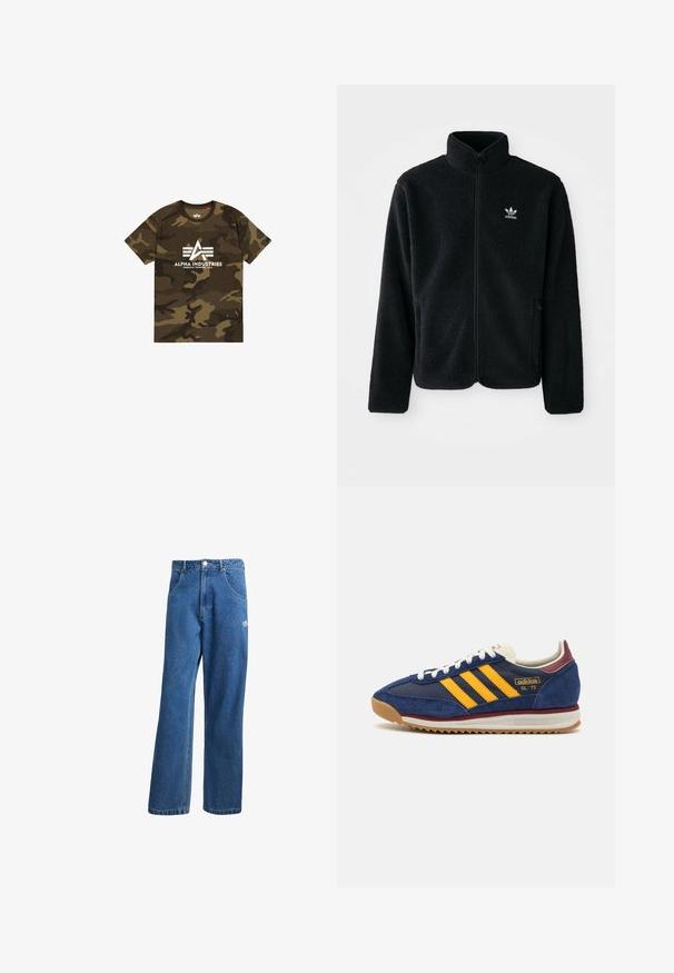 Jachetă din fleece neagră cu guler înalt, fermoar pe față și buzunare frontale. Caracteristici ale materialului texturat și un mic logo alb pe pieptul stâng.; Tricou cu model camuflaj în nuanțe de verde și maro, având un logo alb "ALPHA INDUSTRIES". Realizat dintr-un material moale, cu mâneci scurte.; Jeans din denim cu talie înaltă, cu picioare largi, de culoare albastră, cu buzunare frontale, bucle pentru centură, închidere cu nasture și un mic logo Adidas pe coapsa dreaptă.; Sneaker din suede albastru navy cu dungi galbene, sireturi albe și accente bordeaux. Talpă texturată cu nervuri pentru tracțiune. Logo-ul brandului pe lateral.