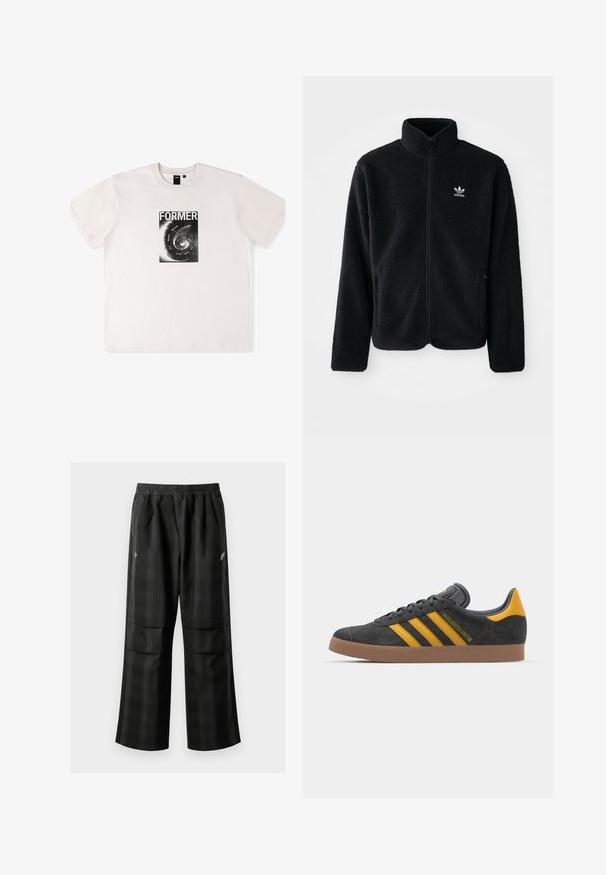 Črna flis jakna z visokim ovratnikom, z zadrgo spredaj in sprednjimi žepi. Ima strukturno blago in majhno belo logo na levi strani prsnega koša.; Bela bomba majica s kratkimi rokavi iz bombaža, ki na sprednji strani vsebuje črn grafični tisk z besedo "FORMER" in spiralo.; Črne karirane hlače z elastičnim pasom, dvema sprednjima žepoma in ohlapnim krojem s pravimi nogavicami. Narejene so iz lahke tkanine.; Črne semiš tene z rumenimi akcenti, ki vsebujejo tri trakove in rjavo gumo podplat. Vključujejo oblazinjeno jezik za udobje.