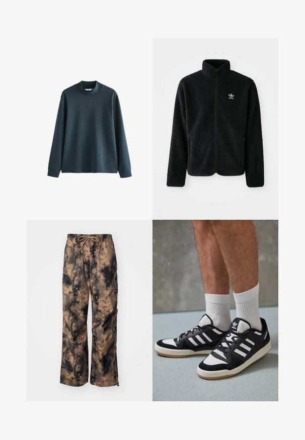 Czarna polarowa kurtka z wysokim kołnierzem, zamek z przodu i kieszeniami z przodu. Posiada teksturowany materiał i małe białe logo na lewej piersi.; Ciemnoniebieski długi rękaw sweatshirt z wysokim kołnierzem, wykonany z gładkiego materiału. Posiada opadające ramiona i ściągacze przy mankietach. Prosty design, bez wzorów.; Brązowe i czarne spodnie typu tie-dye o szerokim kroju, z elastycznym pasem i sznurkiem. Posiadają przednie kieszenie oraz teksturowany materiał.; Czarno-białe sneakersy z zamszową i skórzaną cholewką, z trzema białymi paskami, perforowanym czubkiem i gumową podeszwą w kolorze gumy.