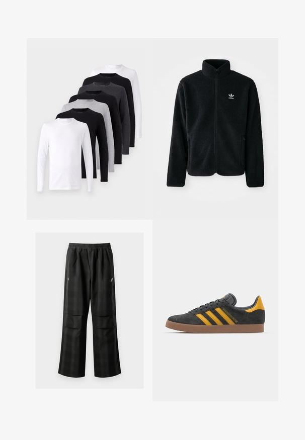 Casaco de fleece preto com gola alta, fecho de correr à frente e bolsos frontais. Apresenta um tecido texturizado e um pequeno logo branco no lado esquerdo do peito.; Conjunto de T-shirts de manga longa nas cores preta, branca e cinza. Material de algodão, design de gola redonda, textura suave sem padrões ou detalhes.; Calças pretas em padrão xadrez com cintura elástica, dois bolsos frontais e um ajuste solto com design de perna reta. Feitas de material leve.; Tenis em camurça preta com detalhes amarelos, apresentando três riscas e uma sola de borracha castanha. Inclui uma língua acolchoada para maior conforto.
