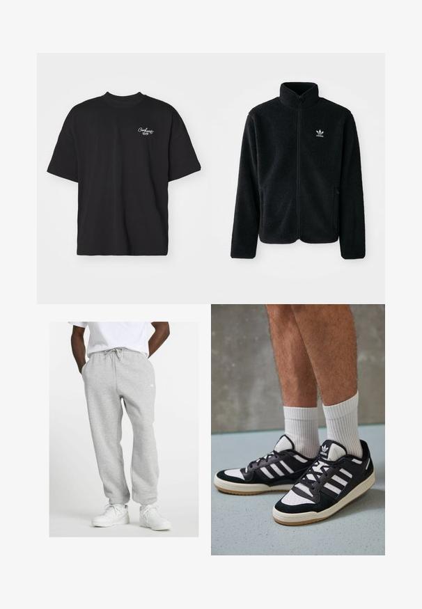 Black fleece jacket with high collar, zip front, and front pockets. Features textured fabric and small white logo on left chest.; Black short-sleeve t-shirt made of cotton. Features a crew neckline and a small white logo on the left chest. Standard fit.; Man wearing light gray sweatpants with drawstring and white sneakers, standing with hands in pockets on a white background.; Black and white sneakers with a suede and leather upper, featuring three white stripes, a perforated toe, and a gum rubber sole.