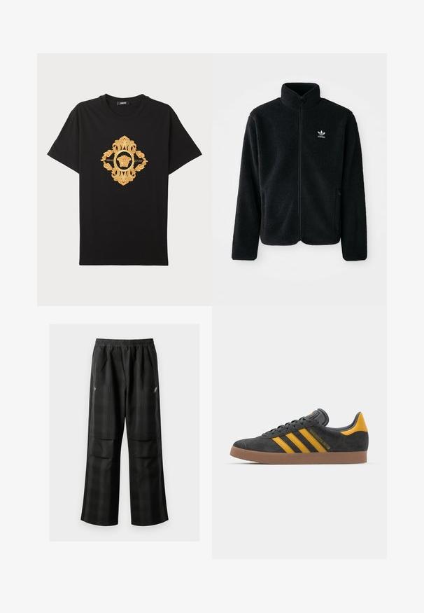 Must värviline fleecedee peasärk kõrge kraega, tõmblukuga esiosa ja esikotid. Omab tekstuuriga kangast ja väikest valget logo vasakul rinnal.; Mustad musta puuvillane t-särk, millel on peene kullaga brodeeritud disain, keskmes Medusa sümbol ja keerukad aktsendid. Lühikesed varrukad, ümardatud kaelus.; Mustas ruudulised püksid, millel on elastne vöökoht, kaks esimest taskut ja laiem lõige sirge jala disainiga. Valmistatud kergest materjalist.; Mustad sametist spordijalatsid kollaste aktsentidega, millel on kolm triipu ja pruun kummitald. Mugavuse tagamiseks on neil pehmendatud keele osa.