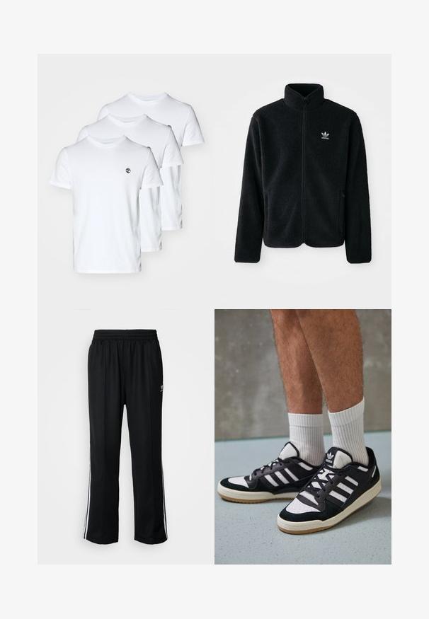 Črna flis jakna z visokim ovratnikom, z zadrgo spredaj in sprednjimi žepi. Ima strukturno blago in majhno belo logo na levi strani prsnega koša.; Tri bele bombažne majice s krojem na vratu, s funkcionalnim logotipom na levem prsnem delu. Gladka tekstura; običajen kroj.; Črne atletske hlače z elastičnim pasom, ki imajo bele stranske črte in majhen logo. Material izgleda mehak in lahek.; Črno-bele superge z zgornjim delom iz usnja in nubuka, ki imajo tri bele črte, perforiran vrh prstov in podplat iz gume.
