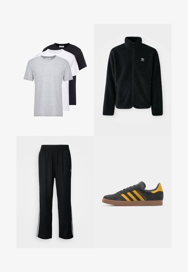 Black fleece jacket with high collar, zip front, and front pockets. Features textured fabric and small white logo on left chest.; Three crew neck T-shirts in gray, white, and black, featuring short sleeves, a soft texture, and a straight cut design.; Black athletic pants with an elastic waistband, featuring white side stripes and a small logo. Material appears soft and lightweight.; Black suede sneaker with yellow accents, featuring three stripes and a brown rubber sole. Includes a padded tongue for comfort.