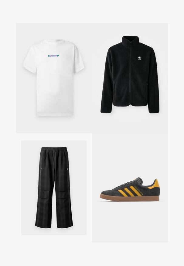 Casaco de fleece preto com gola alta, fecho de correr à frente e bolsos frontais. Apresenta um tecido texturizado e um pequeno logo branco no lado esquerdo do peito.; T-shirt branca em algodão com mangas curtas, apresentando um logótipo gráfico em texto "CLEPTOMANICX" em roxo e verde, centrado no peito.; Calças pretas em padrão xadrez com cintura elástica, dois bolsos frontais e um ajuste solto com design de perna reta. Feitas de material leve.; Tenis em camurça preta com detalhes amarelos, apresentando três riscas e uma sola de borracha castanha. Inclui uma língua acolchoada para maior conforto.
