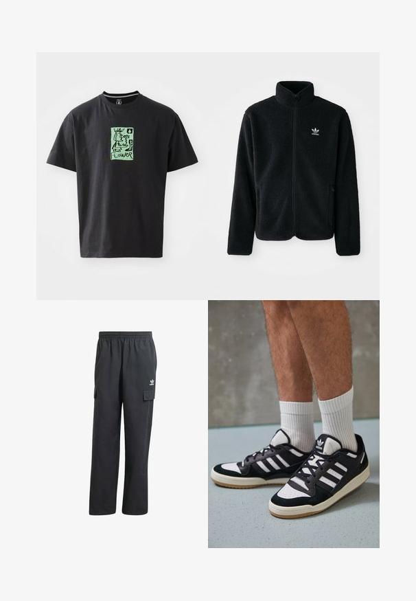 Schwarze Fleecejacke mit hohem Kragen, durchgehendem Reißverschluss und Fronttaschen. Verfügt über strukturiertes Material und ein kleines weißes Logo auf der linken Brust.; Schwarzes Baumwoll-T-Shirt mit einer grünen grafischen Illustration und dem Wort "FLOWER." Kurze Ärmel und runder Halsausschnitt.; Schwarze Cargo-Hosen mit einem elastischen Bund, zwei Seitentaschen und einem dezenten Logo auf dem linken Oberschenkel. Hergestellt aus einem leichten Stoff.; Schwarz-weiße Sneaker mit einem Obermaterial aus Wildleder und Leder, ausgestattet mit drei weißen Streifen, einer perforierten Zehenpartie und einer Sohle aus Gummi.