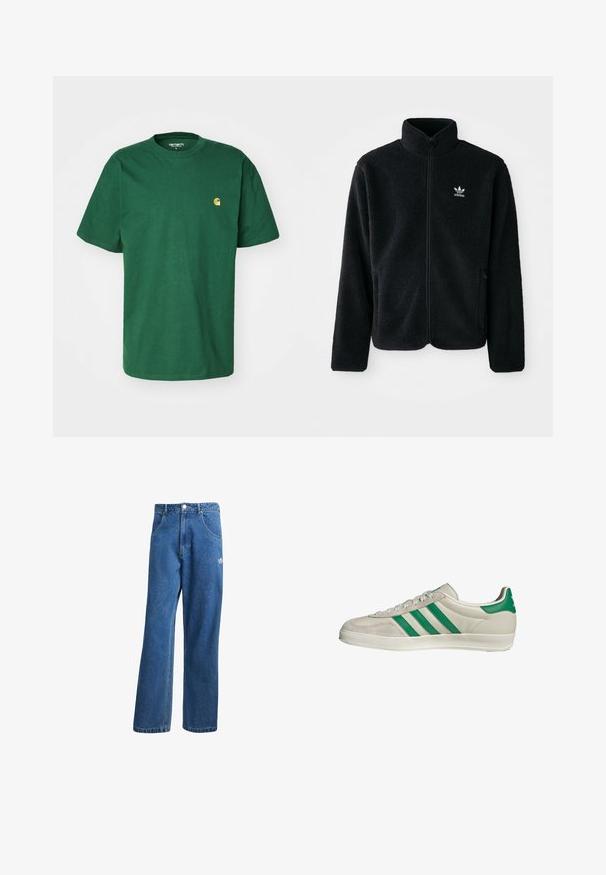 Giacca in pile nera con colletto alto, chiusura zip frontale e tasche anteriori. Presenta un tessuto testurizzato e un piccolo logo bianco sul lato sinistro del petto.; Carhartt WIP CHASE - T-shirt basic - sycamore tree/gold; Jeans di denim a vita alta e gamba larga blu, con tasche frontali, passanti per cintura, chiusura a bottone e piccolo logo Adidas sulla coscia destra.; Sneaker beige con strisce verdi, con suola bianca e tomaia in pelle liscia. Vista laterale che evidenzia i dettagli dei lacci e il logo.