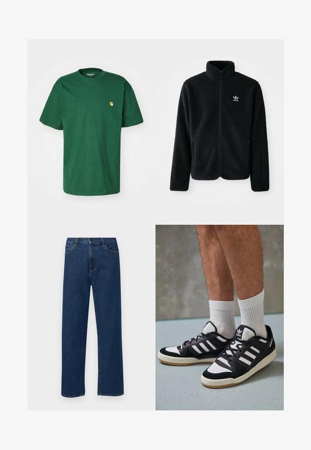 Giacca in pile nera con colletto alto, chiusura zip frontale e tasche anteriori. Presenta un tessuto testurizzato e un piccolo logo bianco sul lato sinistro del petto.; Carhartt WIP CHASE - T-shirt basic - sycamore tree/gold; Jeans in denim di un blu scuro a gamba dritta con tasche anteriori e chiusura con bottone, esposti su uno sfondo bianco semplice.; Sneaker bianco e nero con tomaia in suede e pelle, caratterizzati da tre strisce bianche, punta perforata e suola in gomma naturale.