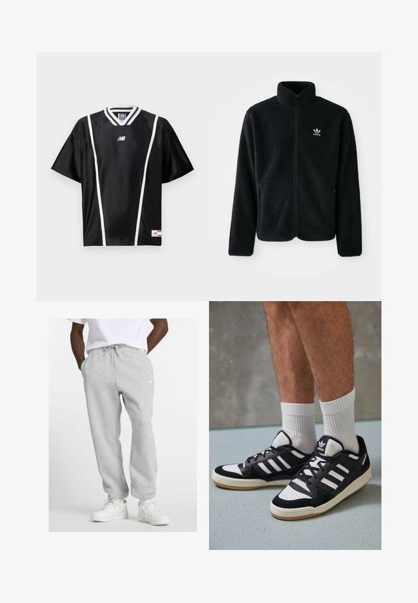 Fekete bolyhos dzseki magas gallérral, cipzáros elejével és elülső zsebeivel. Texturált anyaga és kis fehér logója van a bal mellen.; Fekete, rövid ujjú mez v-nyakú gallérral, fehér csíkokkal az oldalán és New Balance logóval a mellkason. Sima szövet textúra.; Férfi világosszürke melegítőnadrágban, fehér cipőben áll, kezét zsebébe dugva, fehér háttér előtt.; Fekete-fehér tornacipők velúr és bőr felsőrésszel, három fehér csíkkal, perforált orral és gumi talppal.