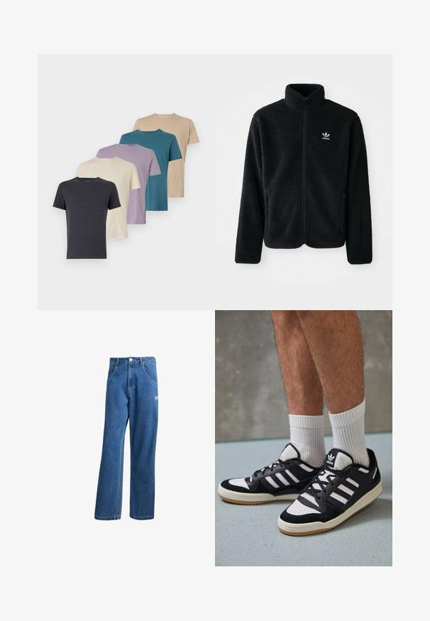 Svart fleecejakke med høy krage, glidelås foran og frontlommer. Har strukturert stoff og liten hvit logo på venstre bryst.; Fem korte ermer t-skjorter i mørk grå, krem, lavendel, teal og beige. Laget av myk stoff med rund hals og vanlig passform.; Blå høyhalsede vide denimjeans med frontlommer, belteholdere, knappelukking og liten Adidas-logo på høyre lår.; Sorte og hvite sneakers med overdel i semsket skinn og lær, med tre hvite striper, perforert tå og en såle av gummi.
