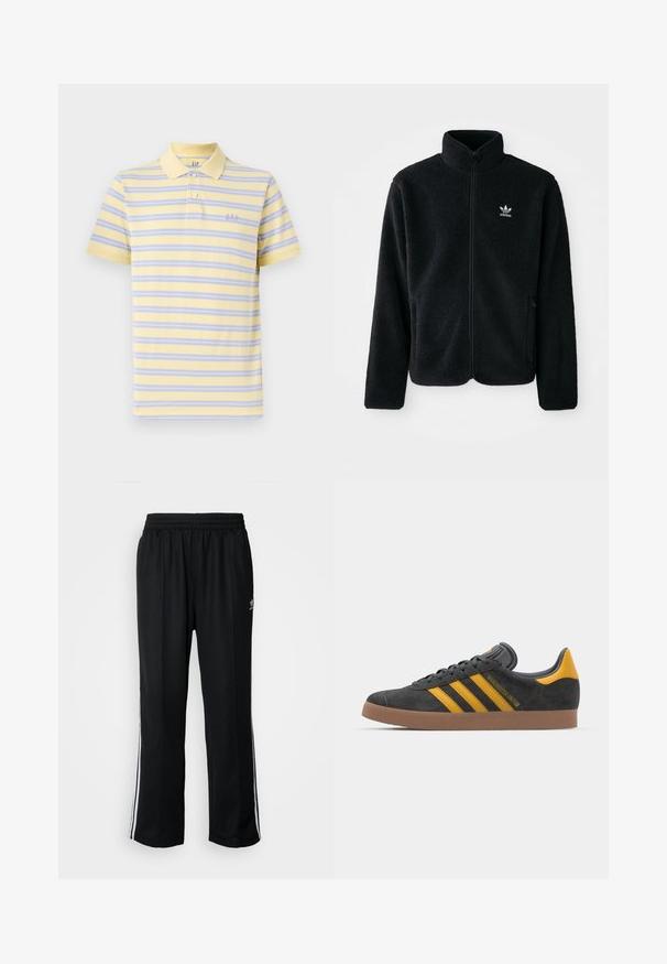 Must värviline fleecedee peasärk kõrge kraega, tõmblukuga esiosa ja esikotid. Omab tekstuuriga kangast ja väikest valget logo vasakul rinnal.; Lühikese varrukaga polo särk pehme kollase värviga, millel on lillad ja sinised horisontaalsed triibud. Omab klassikalist kraed ja rinna peal on broderi "GAP" logo.; Mustad mustad spordipüksid elastse vöökohaga, millel on valged küljeread ja väike logo. Materjal tundub pehme ja kerge.; Mustad sametist spordijalatsid kollaste aktsentidega, millel on kolm triipu ja pruun kummitald. Mugavuse tagamiseks on neil pehmendatud keele osa.