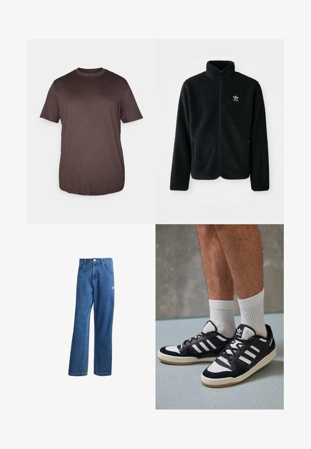 Black fleece jacket with high collar, zip front, and front pockets. Features textured fabric and small white logo on left chest.; Jack & Jones JJEBRADLEY - Basic T-shirt - mulch; Blue high-waist wide-leg denim jeans with front pockets, belt loops, button closure, and small Adidas logo on the right thigh.; Black and white sneakers with a suede and leather upper, featuring three white stripes, a perforated toe, and a gum rubber sole.