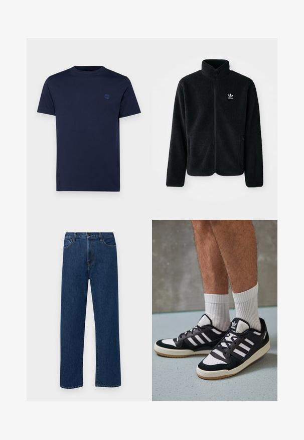 Juodas fliso džemperis su aukštu apykakle, užtrauktuku priekyje ir priekinėmis kišenėmis. Ypatybės: tekstūruota medžiaga ir mažas baltas logotipas kairėje krūtinės pusėje.; Tamsiai mėlynas medvilnės marškinėliai su apvalia iškirpte, trumpomis rankovėmis ir mažuoju siuvinėtu logotipu ant krūtinės. Lygi tekstūra, reguliaraus fasono.; Tamsiai mėlynos tiesaus žandikaulio džinsai su priekinėmis kišenėmis ir mygtuko uždarymu, rodantys ant paprasto balto fono.; Juodos ir baltos sportinės bateliai su zomšiniu ir odiniu viršumi, su trimis baltomis juostelėmis, perforuota koja ir guminėmis padais.