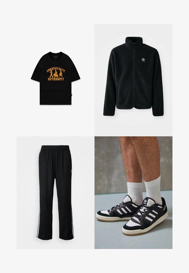 Zwarte fleece jacket met hoge kraag, ritssluiting aan de voorkant en voorzakken. Kenmerkt zich door textuurstof en een klein wit logo op de linkerborst.; Zwart T-shirt met korte mouwen met "CREATIVE DEPT RETERNITY" in verouderde gele tekst en drie figuren, ontworpen met een mesh-textuur.; Zwarte sportbroeken met een elastische tailleband, voorzien van witte zijkanten en een klein logo. Het materiaal lijkt zacht en lichtgewicht te zijn.; Zwart-witte sneakers met een bovenwerk van suede en leer, voorzien van drie witte strepen, een geperforeerde neus en een rubberen gumzool.