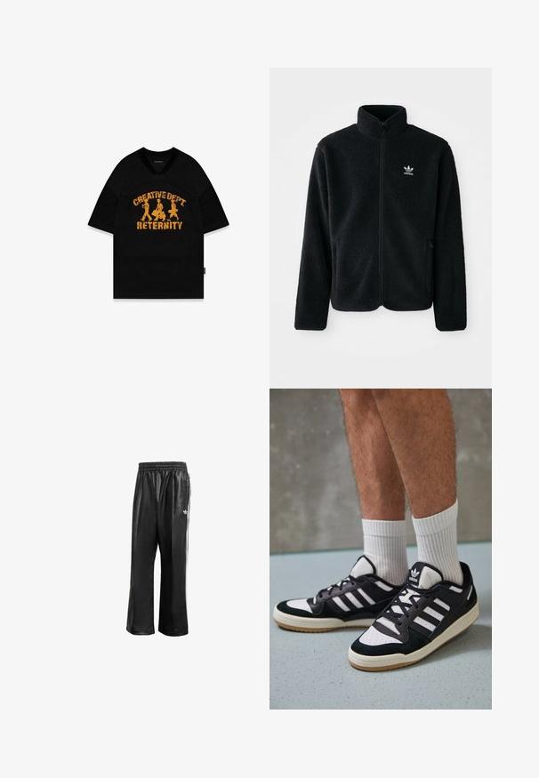 Must värviline fleecedee peasärk kõrge kraega, tõmblukuga esiosa ja esikotid. Omab tekstuuriga kangast ja väikest valget logo vasakul rinnal.; Must värviline lühikeste varrukatega T-särk, millel on kirjas "CREATIVE DEPT RETERNITY" kulunud kollases kirjas ja kolm figuuri, disainitud võrkkangast.; Mustad sünteetilised spordipüksid mustas värvuses, elastse vöökohaga, valgete külgmiste triipudega ja vasakul puusal väikese valge logoga.; Mustvalged ja valged spordijalatsid, mille pealmine osa on valmistatud suede'ist ja nahast. Kingadel on kolm valget riba, auguline varvas ja kummist tald.