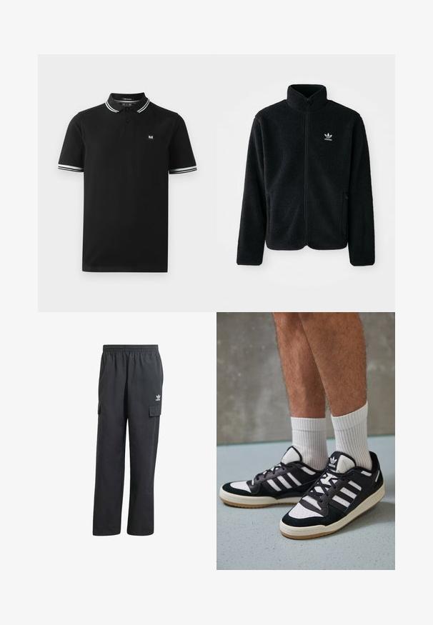 Fekete bolyhos dzseki magas gallérral, cipzáros elejével és elülső zsebeivel. Texturált anyaga és kis fehér logója van a bal mellen.; Fekete pólóing, pamutból készült, két gombos nyakkal, fehér és szürke csíkos gallérral és ujjak szegélyével, valamint egy kis logó folttal a mellkasán.; Fekete cargo nadrág rugalmas derekkal, két oldalsó zsebbel és egy diszkrét logóval a bal combon. Könnyű anyagból készült.; Fekete-fehér tornacipők velúr és bőr felsőrésszel, három fehér csíkkal, perforált orral és gumi talppal.