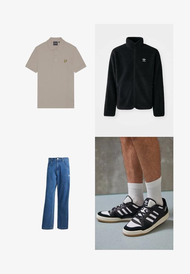 Svart fleecejakke med høy krage, glidelås foran og frontlommer. Har strukturert stoff og liten hvit logo på venstre bryst.; Beige polo skjorte laget av bomull, med en tre-knappers knappeplattform og en liten gul brodert fuglelogo på venstre bryst.; Blå høyhalsede vide denimjeans med frontlommer, belteholdere, knappelukking og liten Adidas-logo på høyre lår.; Sorte og hvite sneakers med overdel i semsket skinn og lær, med tre hvite striper, perforert tå og en såle av gummi.