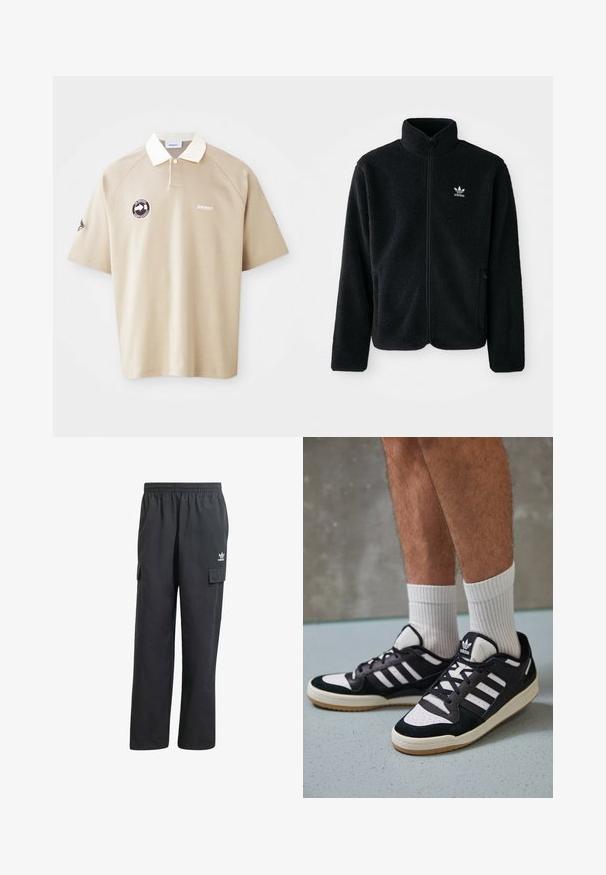 Zwarte fleece jacket met hoge kraag, ritssluiting aan de voorkant en voorzakken. Kenmerkt zich door textuurstof en een klein wit logo op de linkerborst.; Beige polo shirt met korte mouwen, witte kraag, knopenlijst, merklogo op de borst en een ronde patch aan de linkerkant.; Zwarte cargobroek met een elastische tailleband, twee zijzakken en een subtiel logo op de linker dij. Gemaakt van een lichtgewicht stof.; Zwart-witte sneakers met een bovenwerk van suede en leer, voorzien van drie witte strepen, een geperforeerde neus en een rubberen gumzool.