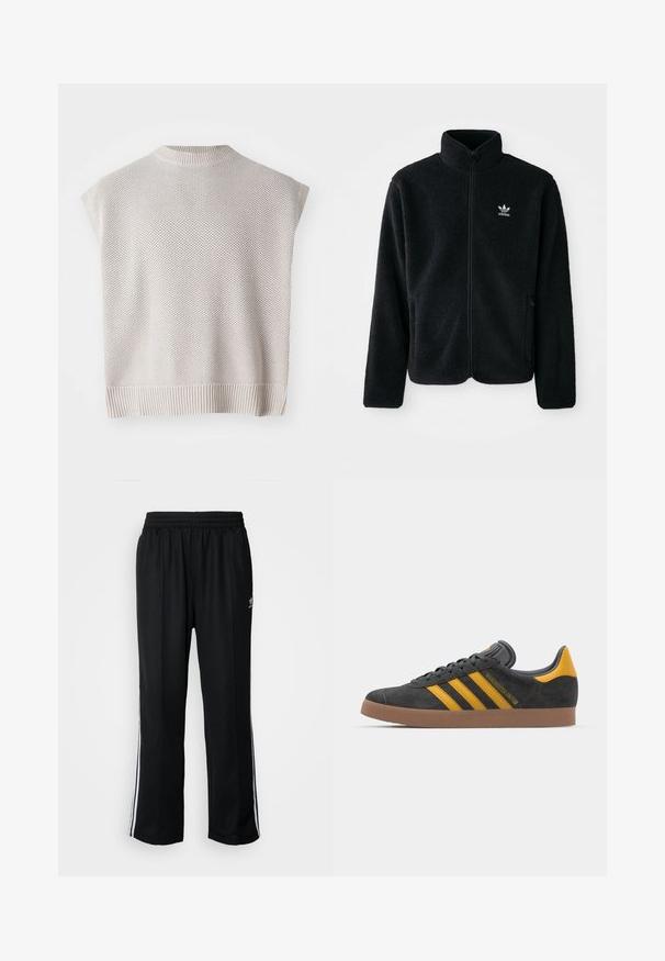 Schwarze Fleecejacke mit hohem Kragen, durchgehendem Reißverschluss und Fronttaschen. Verfügt über strukturiertes Material und ein kleines weißes Logo auf der linken Brust.; Hellbeige gestricktes ärmelloses Top mit ribbeligem Saum und rundem Hals. Verfügt über ein strukturiertes Muster und ein locker sitzendes Design.; Schwarze Sporthosen mit elastischem Bund, ausgestattet mit weißen Seitenstreifen und einem kleinen Logo. Das Material wirkt weich und leicht.; Schwarze Wildledersneaker mit gelben Akzenten, ausgestattet mit drei Streifen und einer braunen Gummisohle. Enthält eine gepolsterte Zunge für zusätzlichen Komfort.