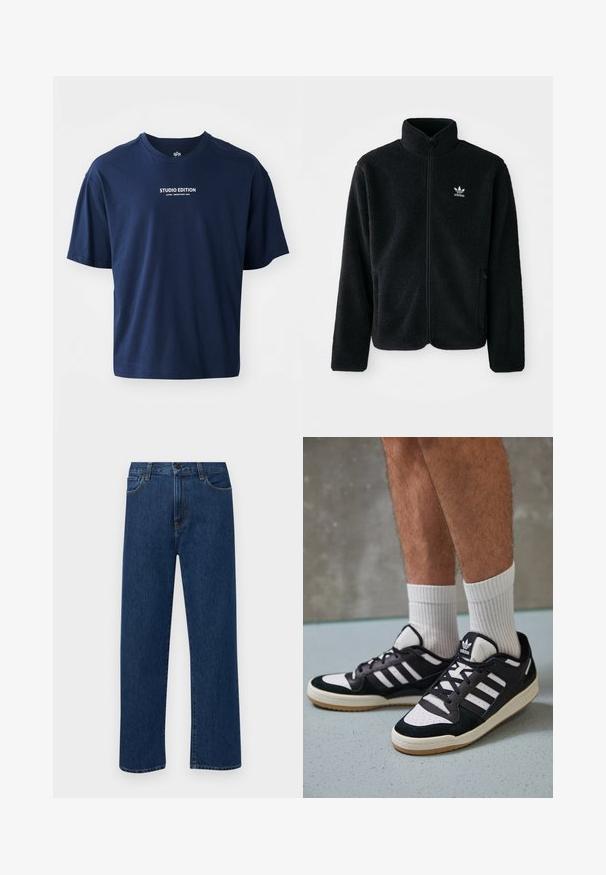 Črna flis jakna z visokim ovratnikom, z zadrgo spredaj in sprednjimi žepi. Ima strukturno blago in majhno belo logo na levi strani prsnega koša.; Temno modra kratka majica iz bombaža, z okroglim izrezom in belim tiskom "STUDIO EDITION" na sprednji strani.; Temno modri jeans ravne krojenje z naprsnimi žepi in gumbom za zapiranje, prikazani na enostavni beli podlagi.; Črno-bele superge z zgornjim delom iz usnja in nubuka, ki imajo tri bele črte, perforiran vrh prstov in podplat iz gume.