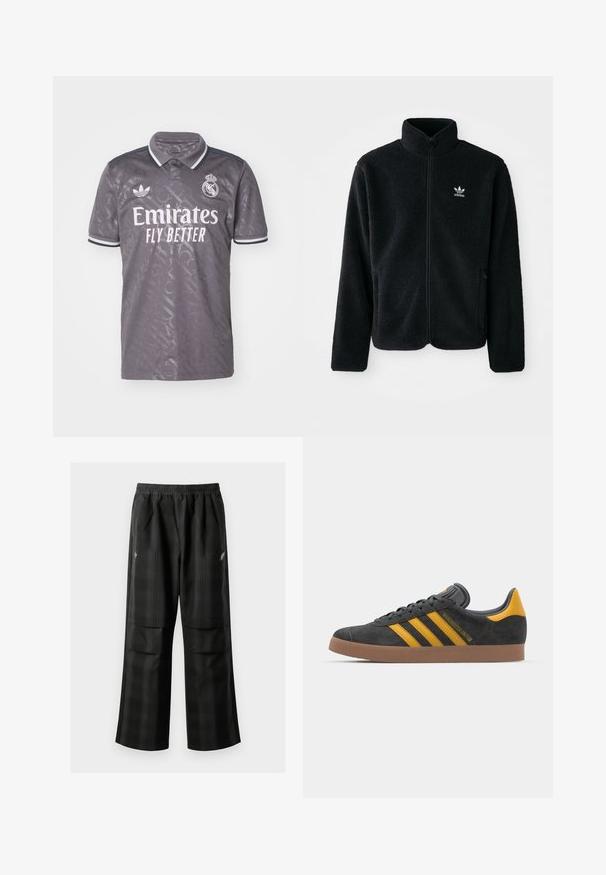 Black fleece jacket with high collar, zip front, and front pockets. Features textured fabric and small white logo on left chest.; Gray soccer jersey with a collar, featuring white "Emirates Fly Better" text, Adidas logo, and patterned texture.; Black plaid pants featuring an elastic waistband, two front pockets, and a loose fit with a straight leg design. Made from lightweight material.; Black suede sneaker with yellow accents, featuring three stripes and a brown rubber sole. Includes a padded tongue for comfort.