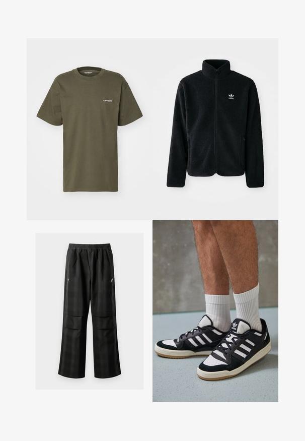 Fekete bolyhos dzseki magas gallérral, cipzáros elejével és elülső zsebeivel. Texturált anyaga és kis fehér logója van a bal mellen.; Olíva zöld, rövid ujjú pamut póló, kerek nyakkal, kisebb fehér logóval a bal mellen.; Fekete kockás nadrág, rugalmas derékkal, két elülső zsebbel és laza, egyenes szárú fazonnal. Könnyű anyagból készült.; Fekete-fehér tornacipők velúr és bőr felsőrésszel, három fehér csíkkal, perforált orral és gumi talppal.