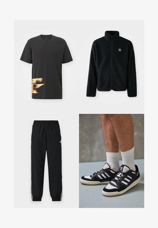 Black fleece jacket with high collar, zip front, and front pockets. Features textured fabric and small white logo on left chest.; adidas Performance TRAE TEE - Print T-shirt - black; Black athletic pants with an elastic waistband and gathered cuffs. Features white side stripes and a small logo on the front left.; Black and white sneakers with a suede and leather upper, featuring three white stripes, a perforated toe, and a gum rubber sole.