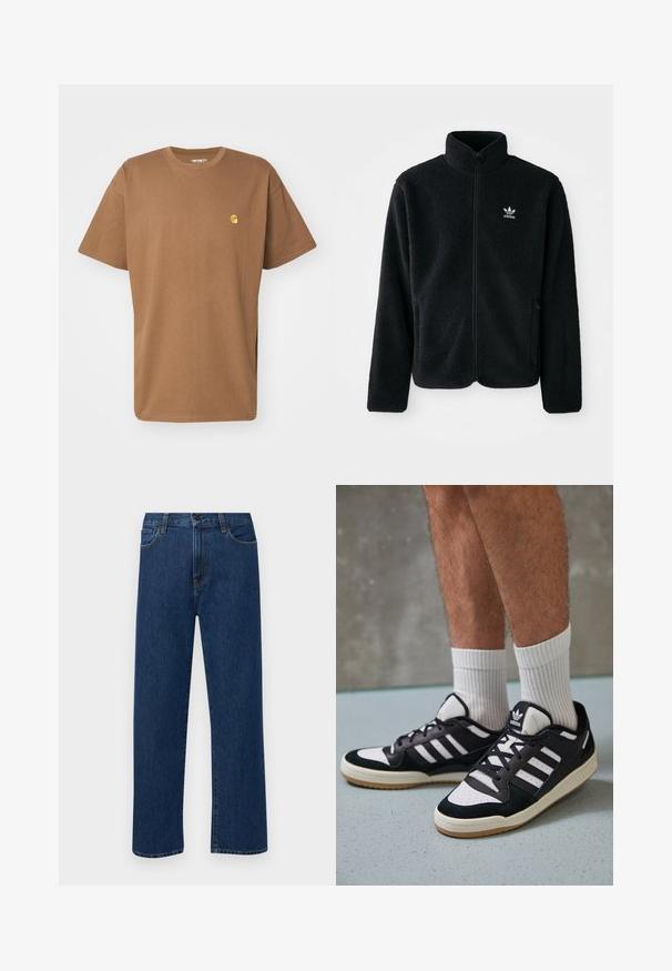 Svart fleecejakke med høy krage, glidelås foran og frontlommer. Har strukturert stoff og liten hvit logo på venstre bryst.; Carhartt WIP CHASE - T-shirts - chocolate/gold; Mørkeblå rette jeans i denim med frontlommer og knappelukking, vist på en enkel hvit bakgrunn.; Sorte og hvite sneakers med overdel i semsket skinn og lær, med tre hvite striper, perforert tå og en såle av gummi.