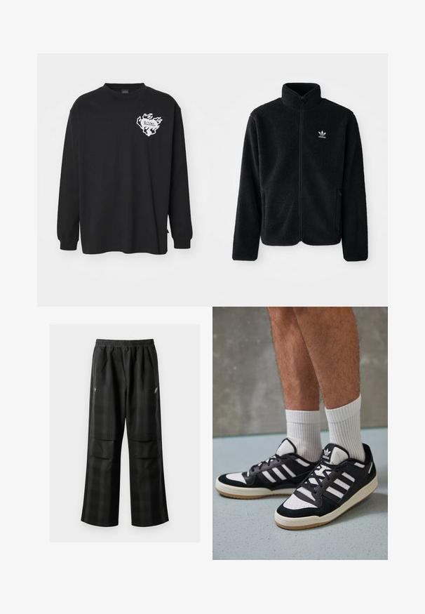Svart fleecejakke med høy krage, glidelås foran og frontlommer. Har strukturert stoff og liten hvit logo på venstre bryst.; Svart langermet t-skjorte laget av bomull, med en hvit flamme-mønster logo på venstre bryst og rund hals.; Svarte rutete bukser med elastisk midje, to frontlommer og løs passform med rett ben-design. Laget av lett materiale.; Sorte og hvite sneakers med overdel i semsket skinn og lær, med tre hvite striper, perforert tå og en såle av gummi.