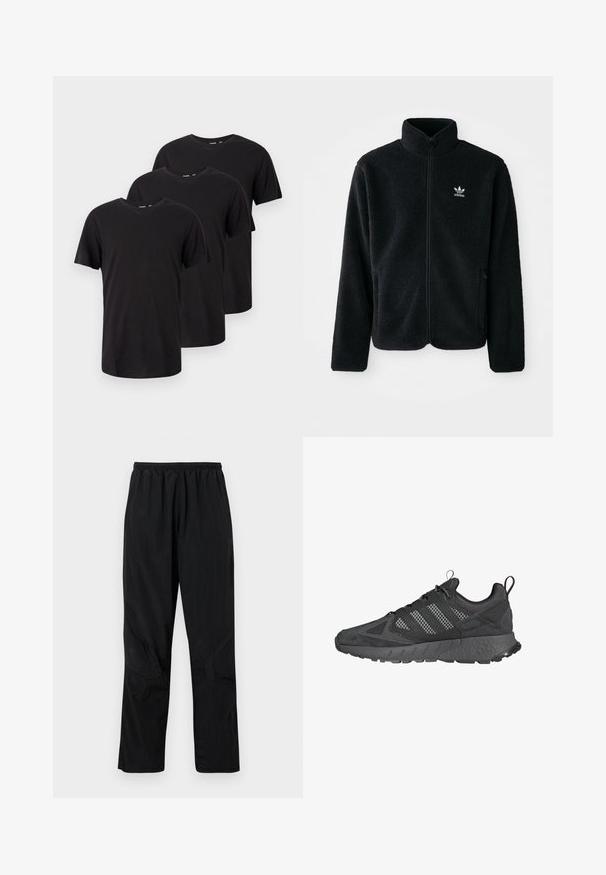 Schwarze Fleecejacke mit hohem Kragen, durchgehendem Reißverschluss und Fronttaschen. Verfügt über strukturiertes Material und ein kleines weißes Logo auf der linken Brust.; Drei schlichte schwarze T-Shirts mit kurzen Ärmeln und Rundhalsausschnitt, in einer versetzen Überlappung auf einem weißen Hintergrund angeordnet.; Schwarze Nylonhosen mit einem elastischen Bund, die ein leichtes, strukturiertes Finish und Nahtakzente für ein modernes Design aufweisen.; Schwarze Sportschuhe mit Obermaterial aus Mesh und Wildleder, strukturierten Gummisohlen, gepolsterter Schuhkragen und markantem grauen Drei-Streifen-Design.