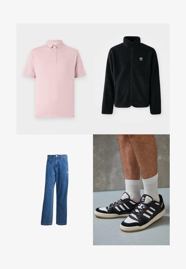 Svart fleecejacka med hög krage, blixtlås fram och framfickor. Har strukturtyg och en liten vit logotyp på vänster bröst.; Piké i mjuk rosa bomull, med krage, två-knapp placket och en liten logga på vänster bröst. Korta ärmar, normal passform.; Blå högmidjade vida jeans i denim med framfickor, bältesloopar, knappstängning och liten Adidas-logga på högra låret.; Svartvita sneakers med ovandel i mocka och läder, med tre vita ränder, perforerad tå och sula av gummigummi.