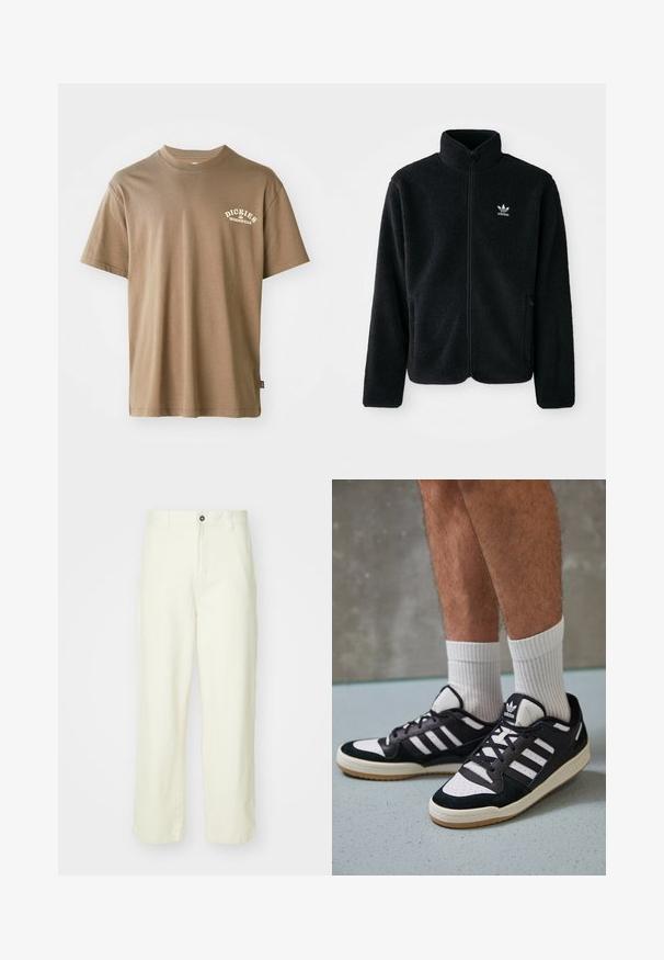 Must värviline fleecedee peasärk kõrge kraega, tõmblukuga esiosa ja esikotid. Omab tekstuuriga kangast ja väikest valget logo vasakul rinnal.; Pruun puuvillane T-särk, millel on ümmargune kaelus, lühikesed varrukad ja valge logo "Dickies Workwear" vasakul rinnaku piirkonnas.; Heledad kollased puuvillased püksid sirge lõikega, millel on ees nööpidega sulgus, vööpaelad ja puhas, minimalistlik disain.; Mustvalged ja valged spordijalatsid, mille pealmine osa on valmistatud suede'ist ja nahast. Kingadel on kolm valget riba, auguline varvas ja kummist tald.