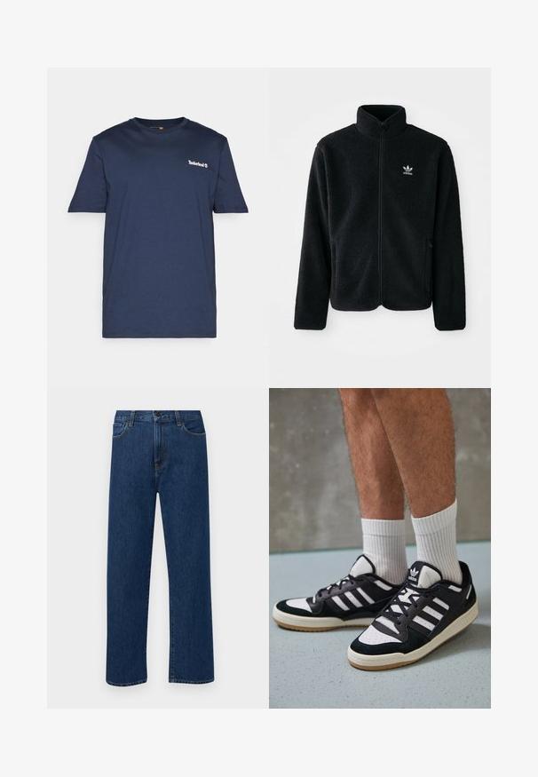 Zwarte fleece jacket met hoge kraag, ritssluiting aan de voorkant en voorzakken. Kenmerkt zich door textuurstof en een klein wit logo op de linkerborst.; Timberland SMALL LINEAR LOGO PRINT TEE - T-shirt print - dark sapphire; Donkerblauwe rechte denim jeans met frontzakken en een knoopsluiting, weergegeven op een effen witte achtergrond.; Zwart-witte sneakers met een bovenwerk van suede en leer, voorzien van drie witte strepen, een geperforeerde neus en een rubberen gumzool.