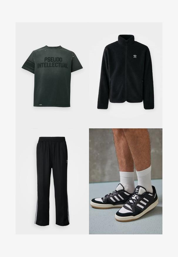 Black fleece jacket with high collar, zip front, and front pockets. Features textured fabric and small white logo on left chest.; Black cotton t-shirt featuring "PSEUDO INTELLECTUAL" in bold letters. Short sleeves, crew neck, and distressed detailing near the collar.; Black athletic pants with an elastic waistband, featuring white side stripes and a small logo. Material appears soft and lightweight.; Black and white sneakers with a suede and leather upper, featuring three white stripes, a perforated toe, and a gum rubber sole.