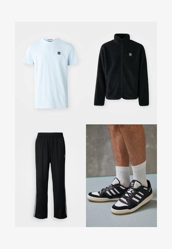Zwarte fleece jacket met hoge kraag, ritssluiting aan de voorkant en voorzakken. Kenmerkt zich door textuurstof en een klein wit logo op de linkerborst.; Lichtblauw katoenen T-shirt met een ronde hals en korte mouwen. Heeft een klein zwart vierkant logo op het linkerborstgedeelte.; Zwarte sportbroeken met een elastische tailleband, voorzien van witte zijkanten en een klein logo. Het materiaal lijkt zacht en lichtgewicht te zijn.; Zwart-witte sneakers met een bovenwerk van suede en leer, voorzien van drie witte strepen, een geperforeerde neus en een rubberen gumzool.