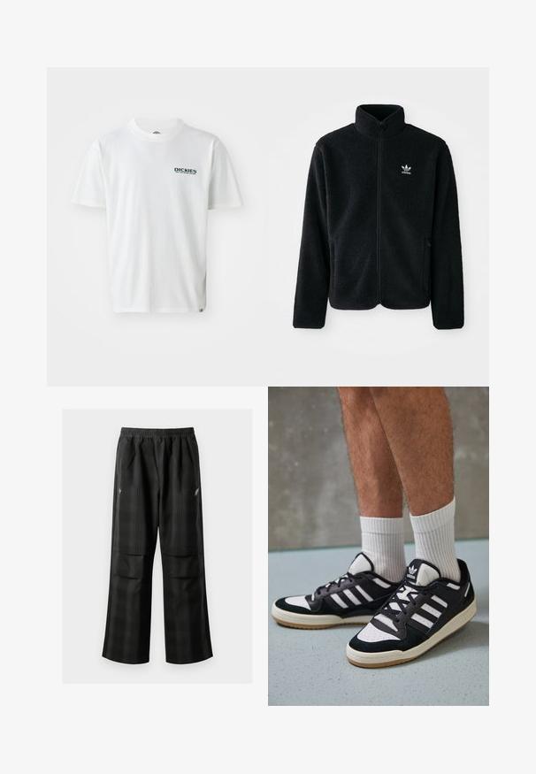 Jachetă din fleece neagră cu guler înalt, fermoar pe față și buzunare frontale. Caracteristici ale materialului texturat și un mic logo alb pe pieptul stâng.; Tricou alb din bumbac cu mâneci scurte, având un logo verde "DICKIES ON THE ROAD AGAIN" pe partea stângă a pieptului. Design clasic cu guler rotund.; Pantaloni cu un model carourile negre, având talie elastică, două buzunare frontale și un croi lejer cu picioare drepte. Construiți dintr-un material ușor.; Adidași negri și albi cu un superior din suede și piele, prevăzuți cu trei dungi albe, un vârf perforat și o talpă din cauciuc caramel.