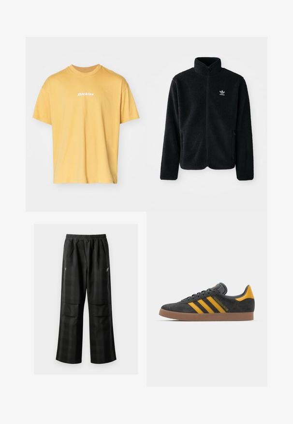 Čierna fleecová bunda s vysokým golierom, zipsom na prednej strane a prednými vreckami. Obsahuje textúrovanú tkaninu a malé biele logo na ľavej hrudi.; Žlté bavlnené tričko s krátkymi rukávmi a okrúhlym výstrihom, na prednej strane s bielym logom "Dickies". Mäkká textúra, uvoľnený strih.; Čierne kockované nohavice s elastickým pásom, dvoma prednými vreckami a voľným strihom so rovnými nohavicami. Vyrobené z ľahkého materiálu.; Čierne semišové tenisky so žltými akcentmi, ktoré majú tri pruhy a hnedú gumovú podrážku. Obsahujú vypolstrovaný jazyk pre pohodlie.
