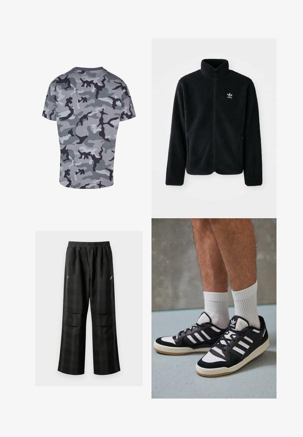 Juodas fliso džemperis su aukštu apykakle, užtrauktuku priekyje ir priekinėmis kišenėmis. Ypatybės: tekstūruota medžiaga ir mažas baltas logotipas kairėje krūtinės pusėje.; Pilkos kamufliažo marškiniai trumpomis rankovėmis. Minkšta tekstūra, su tamsiai ir šviesiai pilkos spalvos raštais, apvaliu iškirpimu ir tiesiu apdailos kraštu.; Juodos languotos kelnės su elastingu juosmeniu, dviem priekinėmis kišenėmis ir laisvu tiesiu kirpimu. Pagamintos iš lengvos medžiagos.; Juodos ir baltos sportinės bateliai su zomšiniu ir odiniu viršumi, su trimis baltomis juostelėmis, perforuota koja ir guminėmis padais.