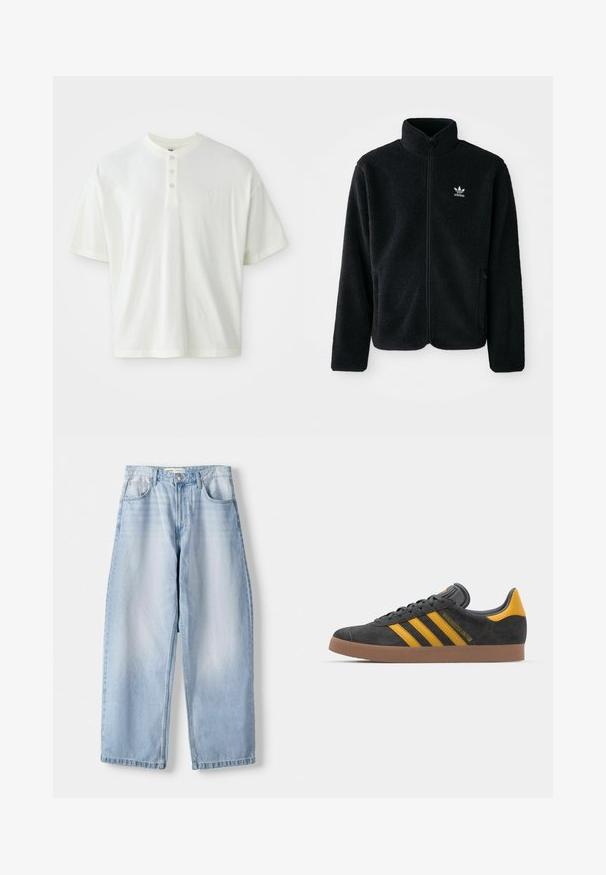 Black fleece jacket with high collar, zip front, and front pockets. Features textured fabric and small white logo on left chest.; White short-sleeve shirt with a henley neckline, featuring three buttons and a small logo on the left chest. Made of cotton fabric.; Light blue denim wide-leg jeans with a mid-rise waist, five pocket design, and subtle fading; finished with a straight hem and belt loops.; Black suede sneaker with yellow accents, featuring three stripes and a brown rubber sole. Includes a padded tongue for comfort.